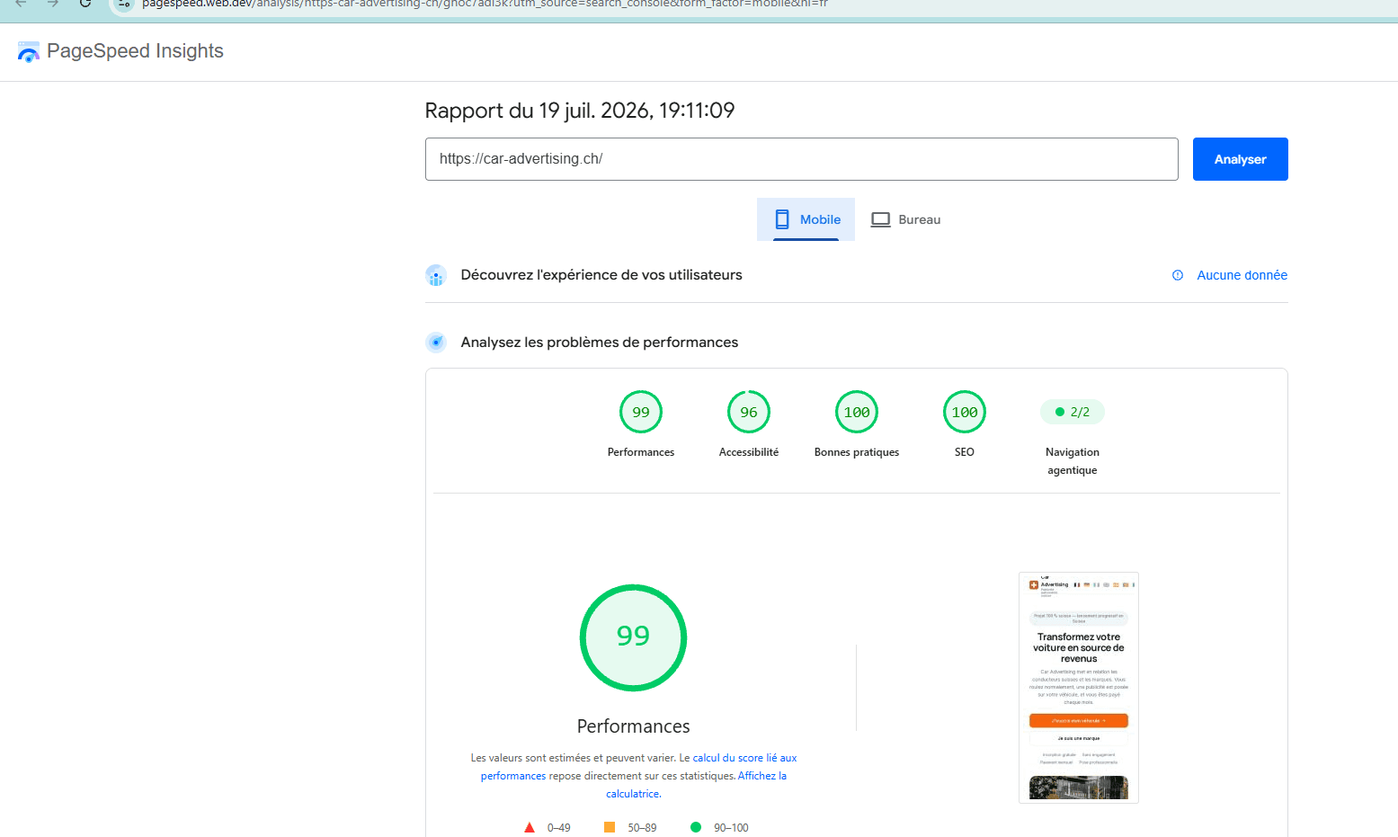 Rapport PageSpeed Insights de car-advertising.ch en version mobile : 99 en performances, 96 en accessibilite, 100 en bonnes pratiques, 100 en SEO, navigation agentique 2 sur 2.