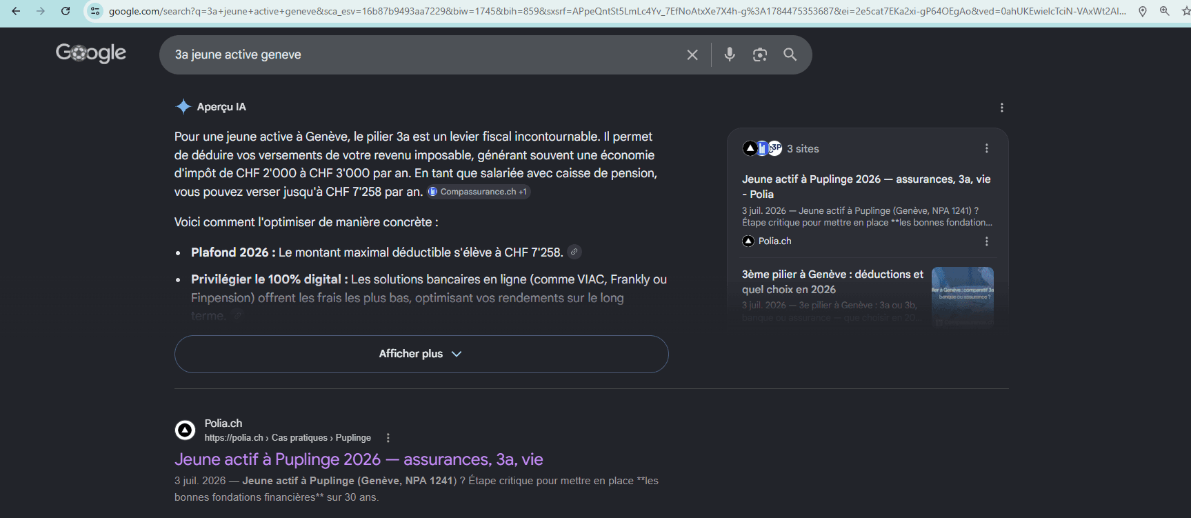 Resultat Google pour la recherche 3a jeune active geneve : polia.ch figure parmi les trois sites sources de l'apercu IA, et sa page Jeune actif a Puplinge 2026 est le premier resultat classique.
