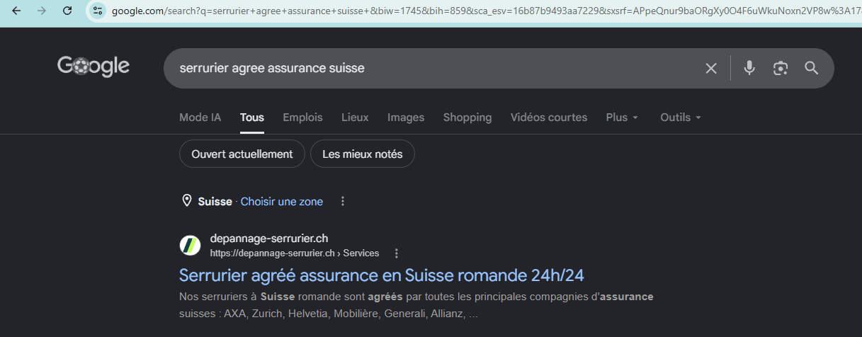 Resultat Google pour la recherche serrurier agree assurance suisse : depannage-serrurier.ch est le premier resultat.